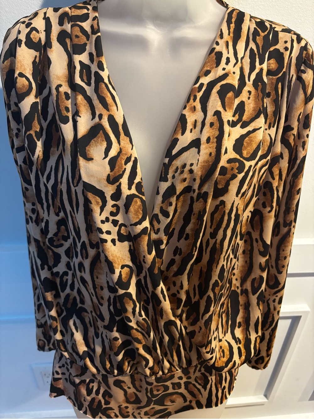 Zara leopard print bodysuit featuring a draped, deep surplice wrap V-neckline